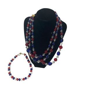 LOT of 2 Trifari Patriotic‎ Necklaces Red Blue White Clear 3 strand - new used